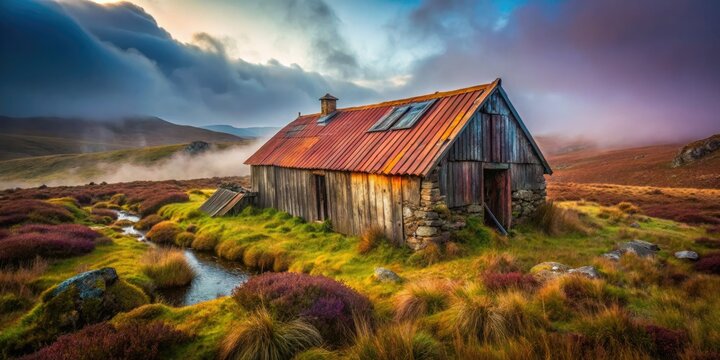 Decaying Scottish shieling, nestled in Stornoway's peat bog, a haunting rural exploration.