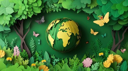 Paper Art Earth Day Celebration: A Green Globe Surrounded by Lush Nature and Butterflies