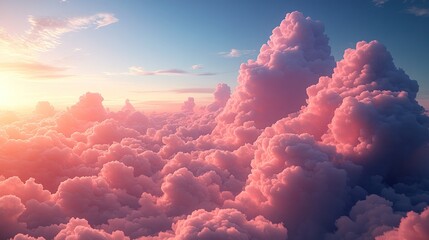 Aerial sunset view, pink cloudscape, peaceful heaven, travel poster