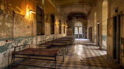 Fototapeta premium Desolate hospital hallway with empty patient beds and dim lighting, symbolizing financial struggle, closure, and healthcare challenges in modern society.
