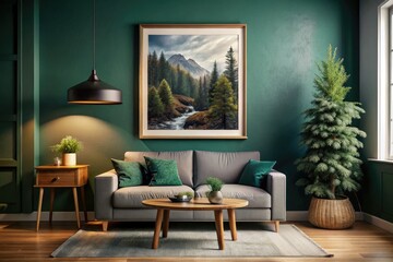 Elegant Scandinavian living room: dark green walls, framed art, cozy warmth.