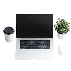 Minimalist workspace with a laptop and mouse, small potted plant and a coffee cup png photo