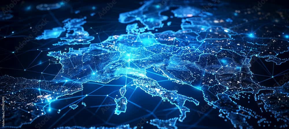 Poster Blue digital map of Europe network map. Information wireless data technology. Generative video AI technology.