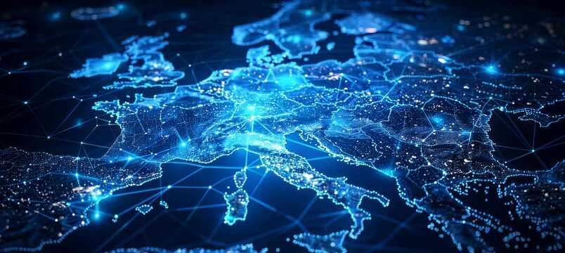 Blue digital map of Europe network map. Information wireless data technology. Generative video AI technology.