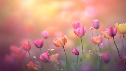 Pastel Tulips Bloom Gently in Soft Sunlight, Creating a Serene Springtime Scene of Delicate Beauty.