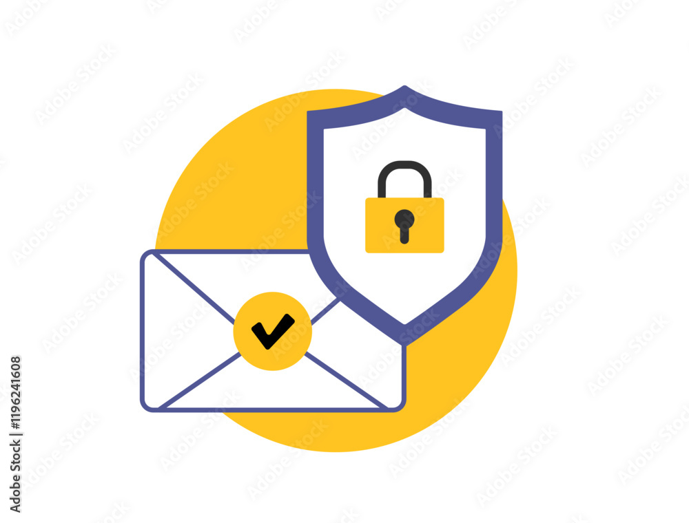 Poster email authentication flat icon with verified envelope and security shield. secure email verification