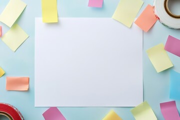Fototapeta premium Blank paper, notes, tape, pastel, flatlay, desk, background, planning