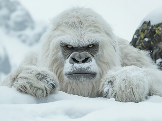 A majestic yeti peers from the snow, its intense gaze captivating.  A stunning winter scene.