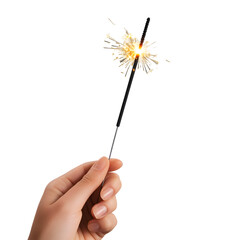 Hand holding a sparkler for night celebration isolated on transparent background, cut out, png