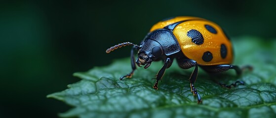 Fototapeta premium Macro shot of a yellow ladybug on a leaf.