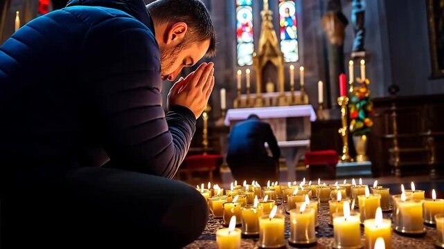 Lit Altar Candles with Man sitting in Prayer