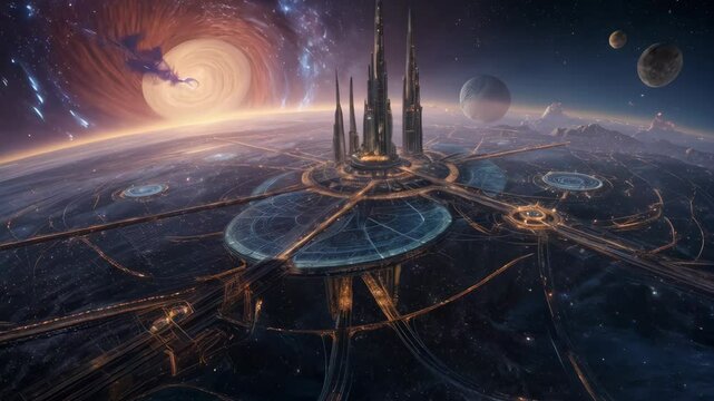 Futuristic Cityscape with Towering Spires, Glowing Pathways, and Celestial Cosmic Backdrop