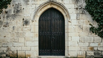 Fototapeta premium A solid iron door with a rustic patina, set in a stone wall with vines creeping around