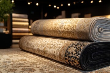 Luxurious area rugs showcased in showroom with soft illumination.