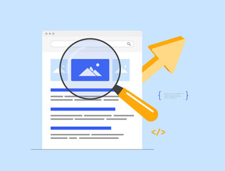 SEO Optimization for Image Search. Enhance visibility in image search by using optimized alt tags, descriptions and metadata. Search results with highlighted seo image. Isolated vector illustration