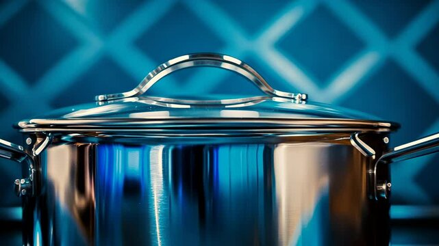 Cooking pot placed on a stove in a modern kitchen with a blue patterned backsplash during daytime