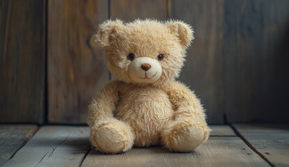 Obraz premium Adorable Fluffy Teddy Bear Sitting on Wooden Floor, Soft Toy, Child's Playmate, Comforting Friend, Childhood Memories, Rustic Background