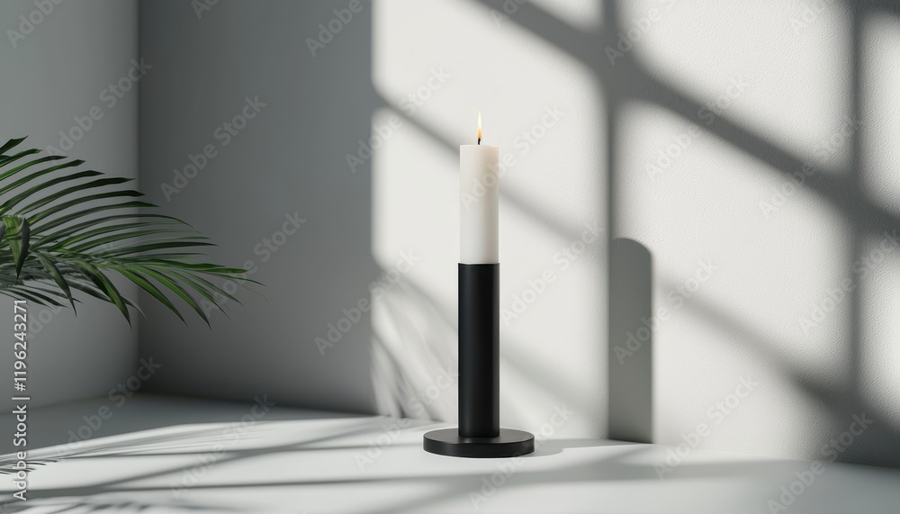 Poster a minimalist candle on a table casting soft shadows with a touch of greenery nearby.
