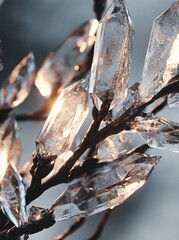 Close-up of a crystal branch with light shining through.