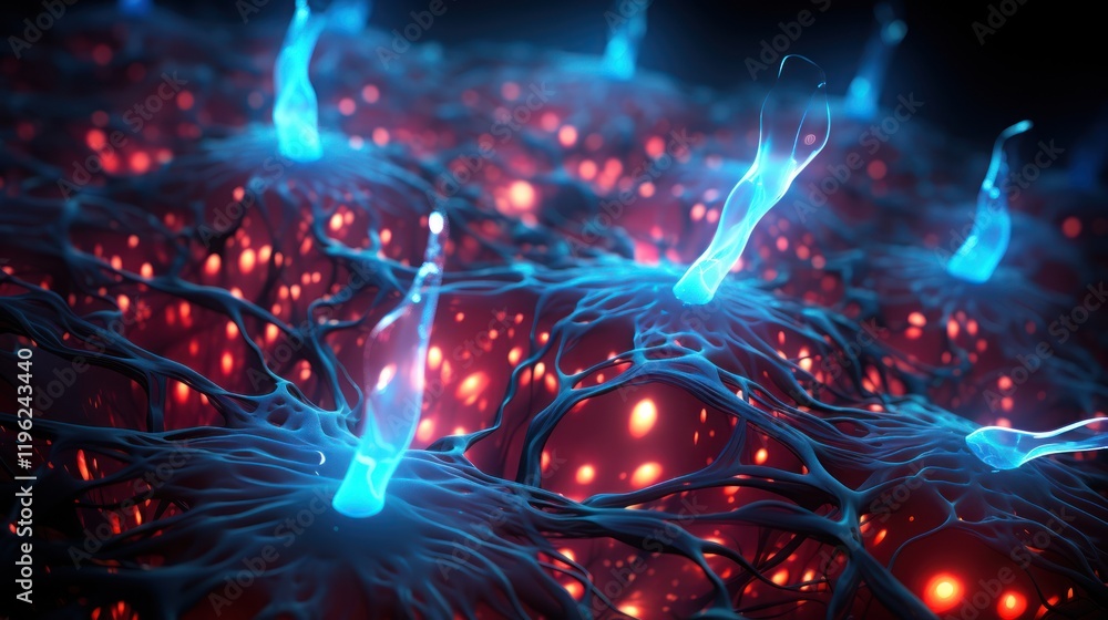 Poster abstract neural network: intricate web of glowing blue and red