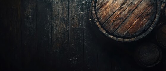 Rustic wooden barrel on dark floor, cellar background, design element