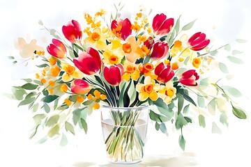 Stunning Watercolor Bouquet of Tulips and Daffodils