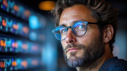 Analyst reviewing data, office, night