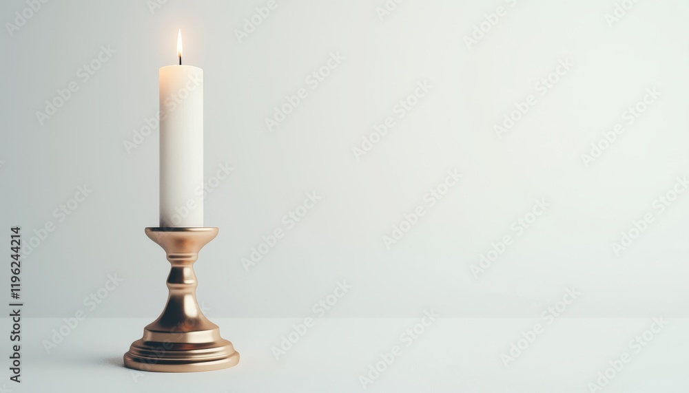Poster a lit candle in an elegant holder on a minimalistic surface, creating a serene atmosphere.