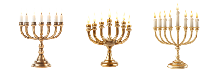 set of Golden menorah with lit candles sisolated on transparent background, cut out