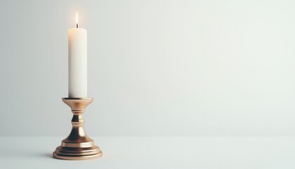 A lit candle in an elegant holder on a minimalistic surface, creating a serene atmosphere.