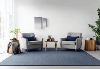 Cozy Modern Living Room with Stylish Gray Chairs and Serene Indoor Plants
