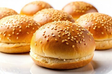 High-resolution images of delicious burger buns, isolated on white, captured with long exposure photography.