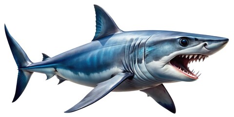 Fototapeta premium High-resolution panoramic image of a mako shark's open mouth, isolated on white. A fierce ocean predator.