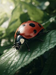 A ladybug crawls across a green leaf in a sun-dappled forest.