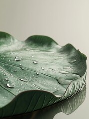 Close-up of a large, green leaf with water droplets.