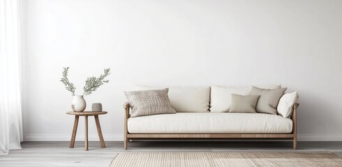 Modern Minimalist Living Room with Cozy Sofa and Fresh Greenery Against a Light Wall
