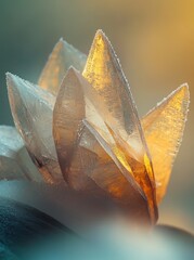 Close-up of a cluster of translucent crystals with warm, golden highlights.
