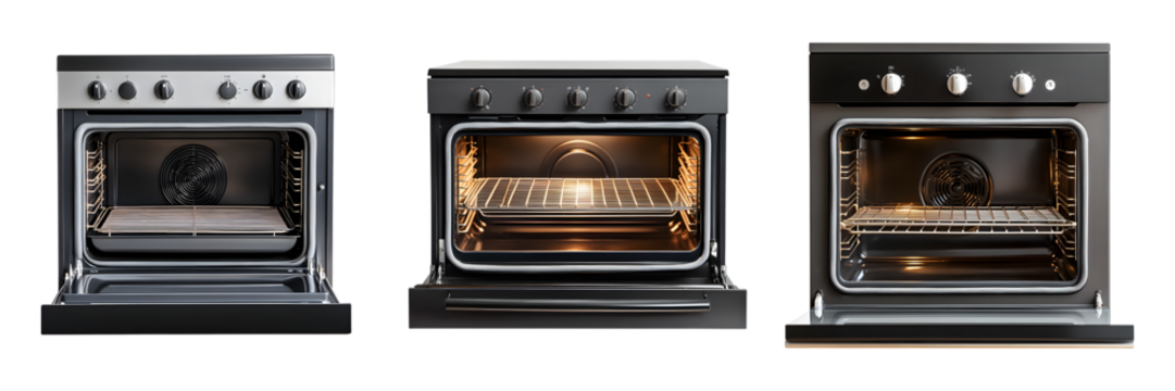 set of Open electric oven with metal racks and control knobs isolated on transparent background, cut out
