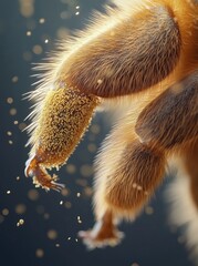A close-up of a bee's leg covered in pollen.