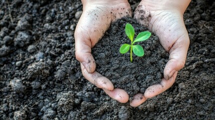 A person holding a small plant sprouting from soil, representing environmental conservation and sustainability.