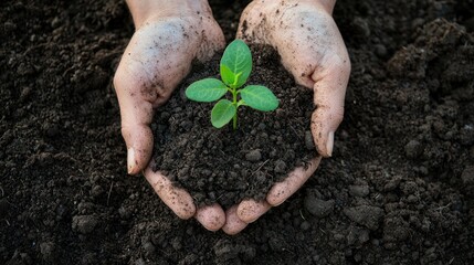 A person holding a small plant sprouting from soil, representing environmental conservation and sustainability.