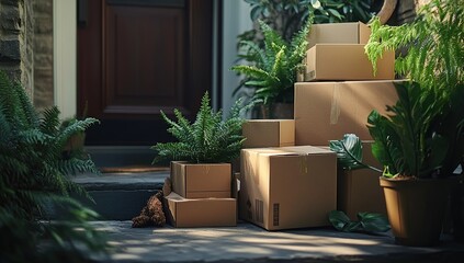 Cardboard Boxes Arrive at House, Surrounded by Lush Greenery in Sunny Daytime Setting