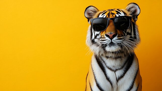 A cool tiger wearing sleek black sunglasses, standing confidently against a bright yellow background with intricate details in its fur