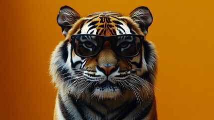 Naklejka premium A close-up of a tigerâ€™s face wearing sleek black sunglasses, its piercing eyes just visible above the frames, set against a vibrant orange background