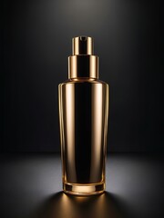 Shiny Gold Cosmetic Bottle on Black Surface with Moody Lighting and Soft Shadows &ndash; High-End Beauty Product Aesthetic Mockup