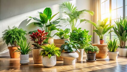 Fototapeta premium Lush indoor jungles thrive in bright rooms, showcasing exotic potted plants in vibrant botanical photography.