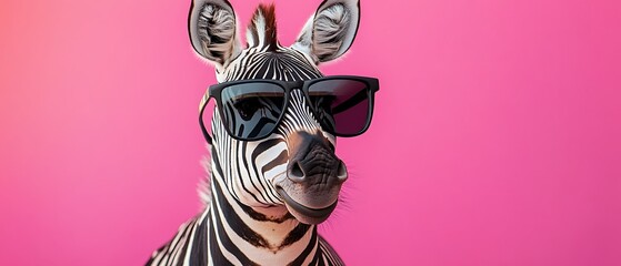 Obraz premium A comical zebra sporting oversized black sunglasses, standing tall against a bright pink background for a lighthearted and fun look