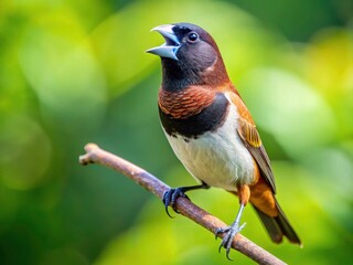 Fototapeta premium White-rumped Munia Bird Singing on Branch, Lonchura Striata Photography, Wildlife Nature Image, Asian Bird, Small Bird, Perching Bird