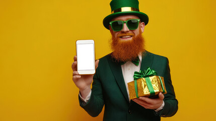 A stylish and fashionable leprechaun in green sunglasses and a green suit holds a gift box and a phone with an empty screen on a yellow background. Phone mockup. St. Patrick's Day celebrations