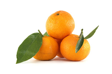 Fresh Juicy Mandarins with Green Leaves on a White Background